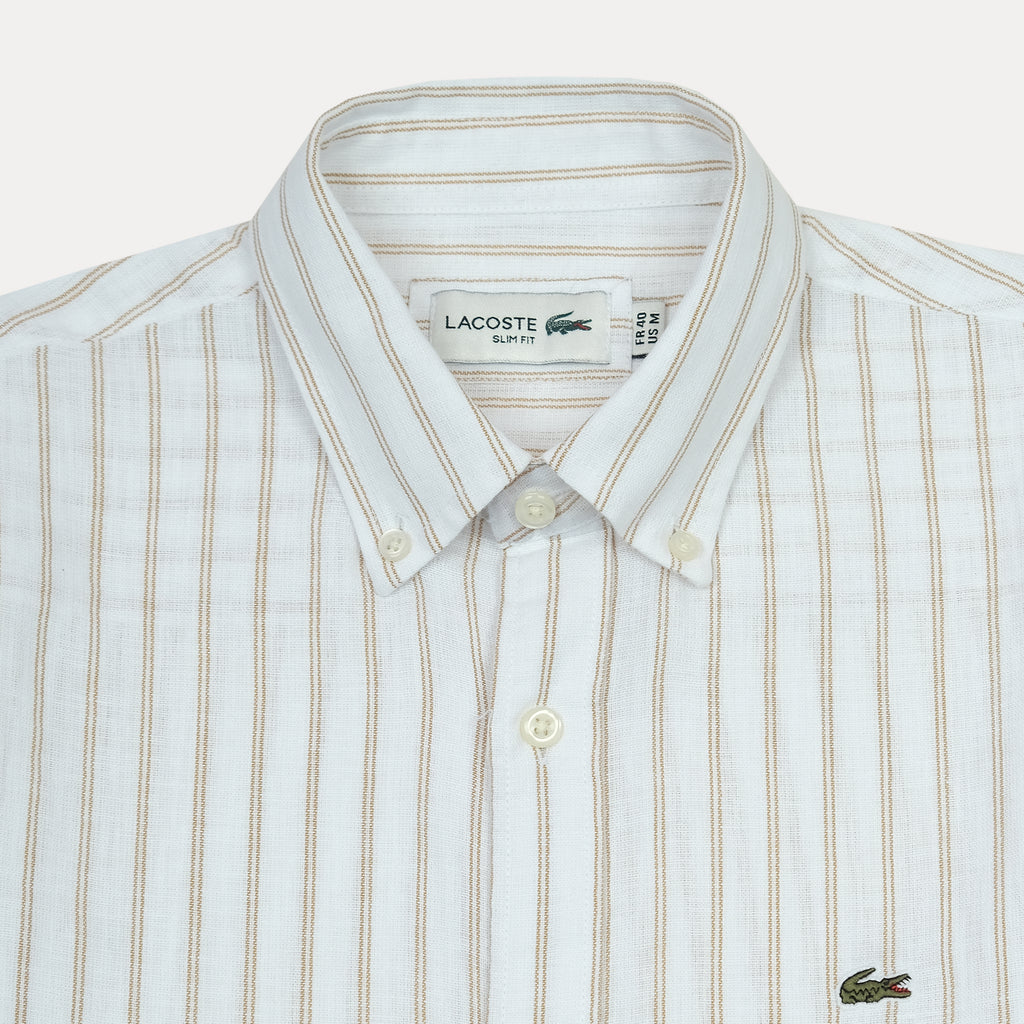 Lacoste Slim Fit Striped Shirt in Whispering White & Golden Sand