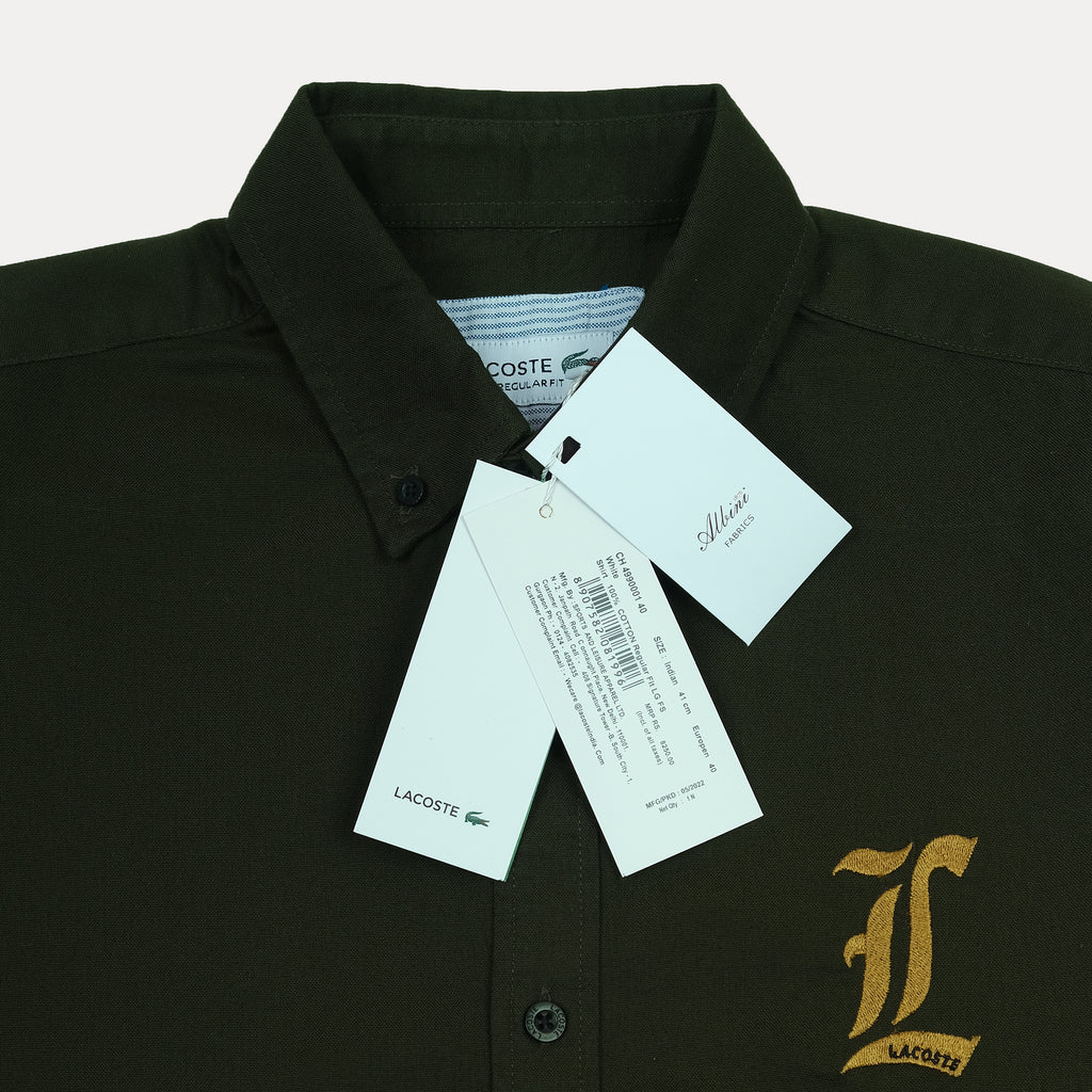 Lacoste Elegant Olive Green Regular Fit Shirt with Chic Embroidery