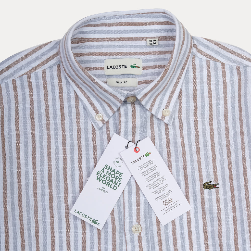 Lacoste Striped Elegance Slim Fit Shirt in Soft Sky and Cocoa