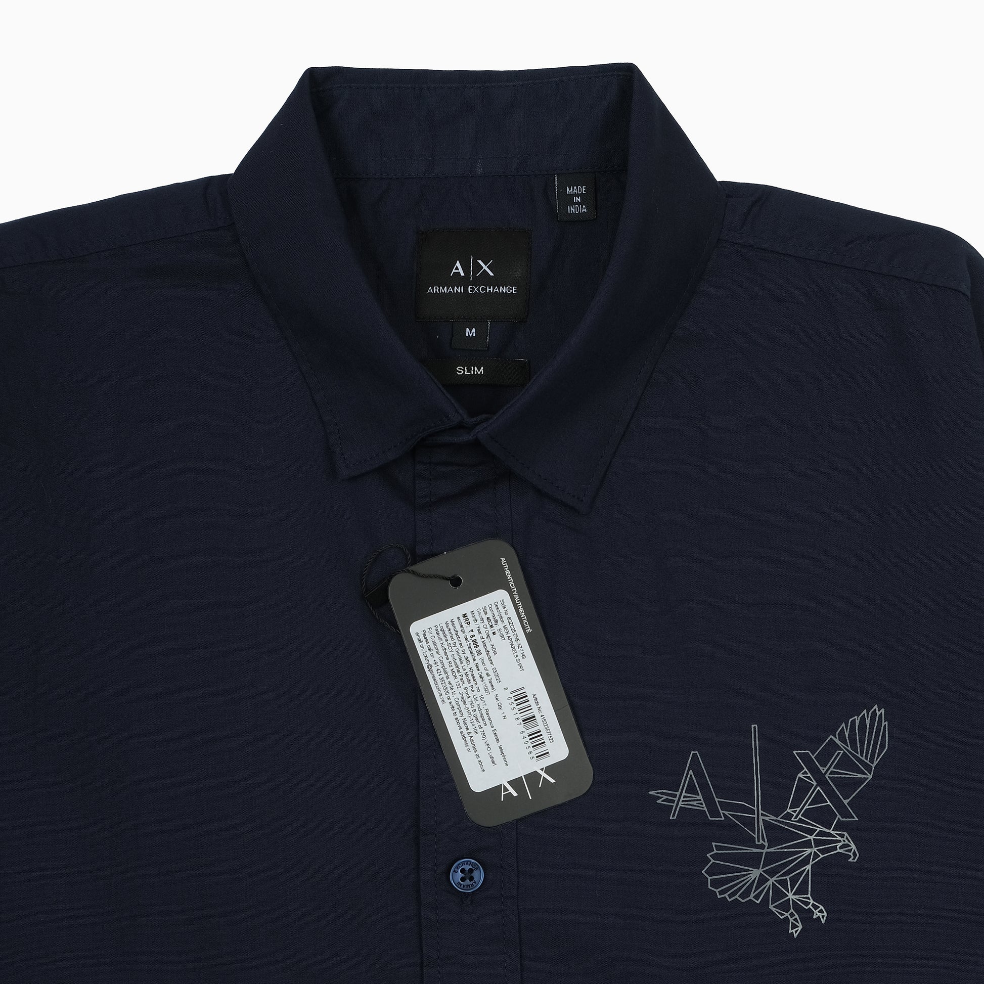 Armani Exchange Slim Fit Navy Button-Up Shirt with Embroidered Detail