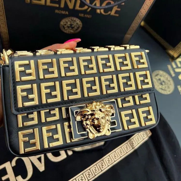 VERSACE Iconic Medusa Gold-Embellished Black Leather Crossbody Bag