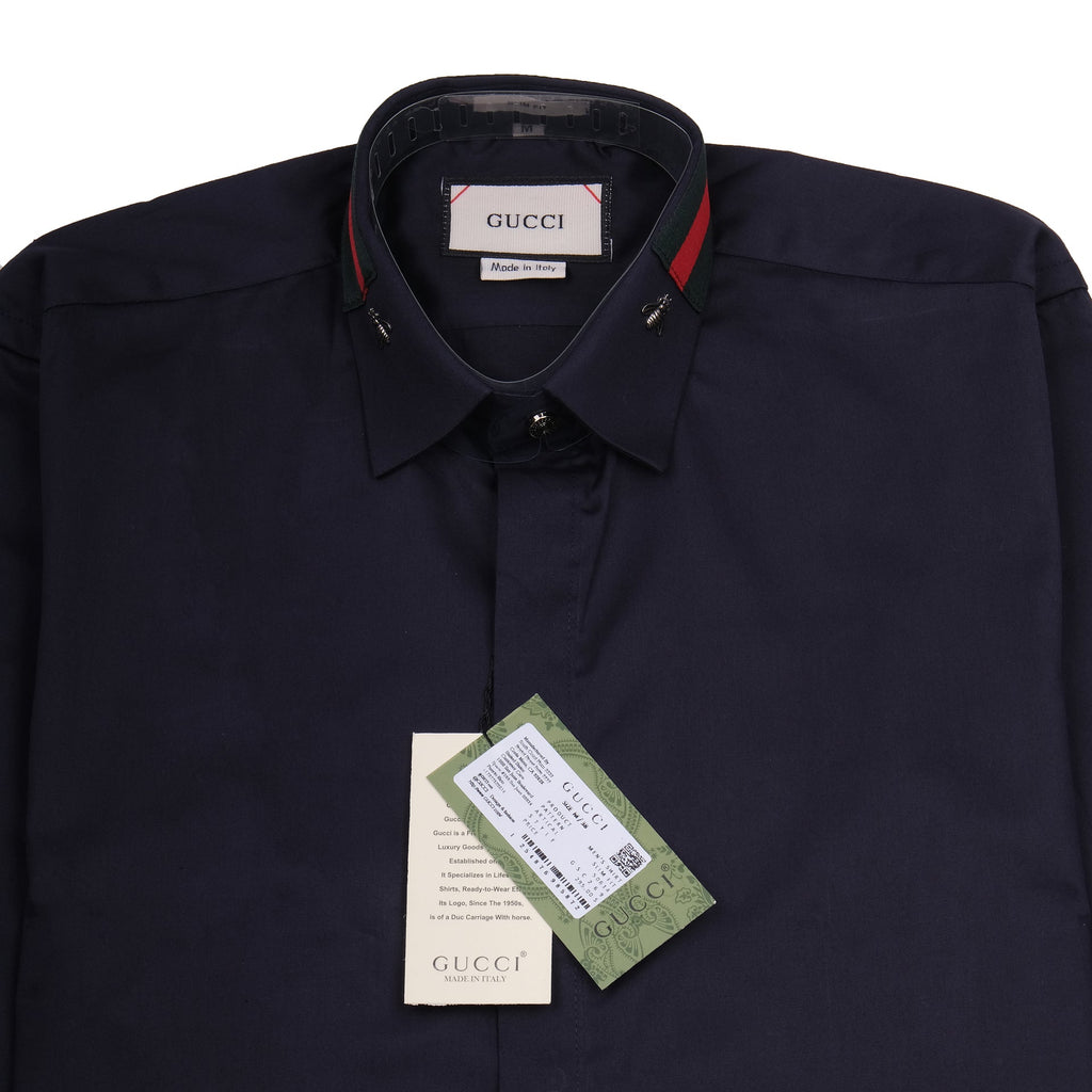 GUCCI Midnight Ocean Classic Fit Button-Up Shirt with Crimson Trim