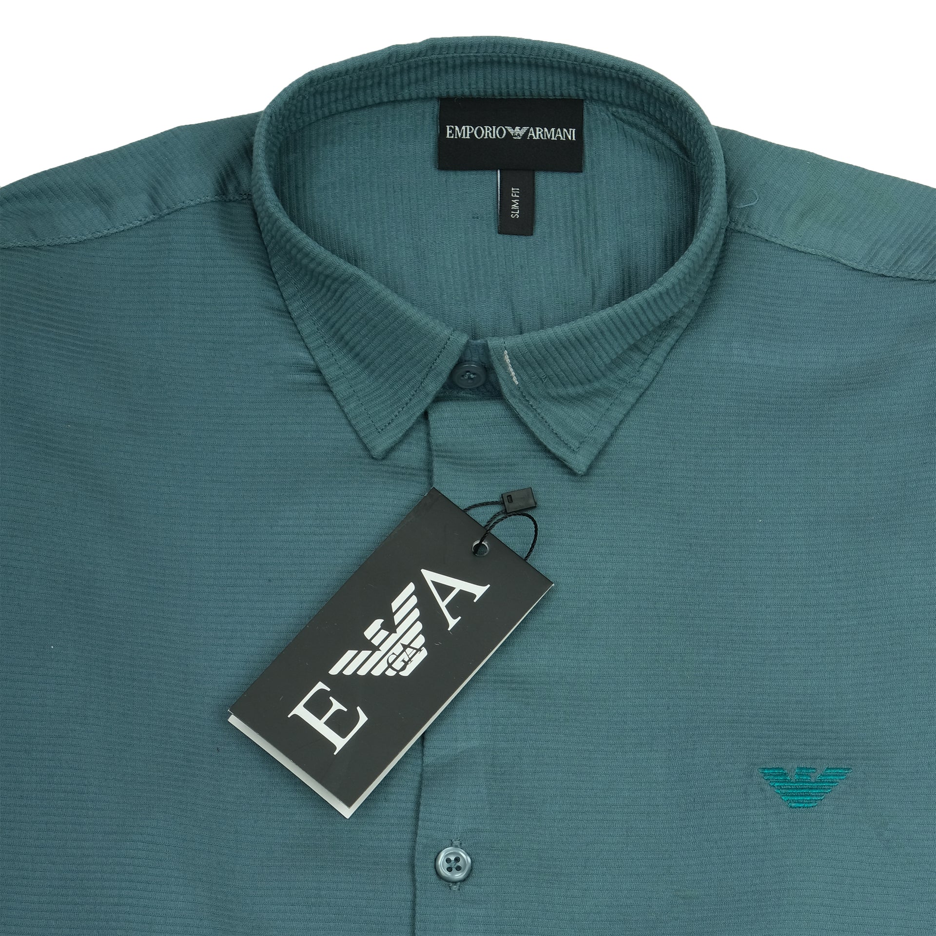 EMPORIO ARMANI Oceanic Teal Slim Fit Textured Long Sleeve Shirt