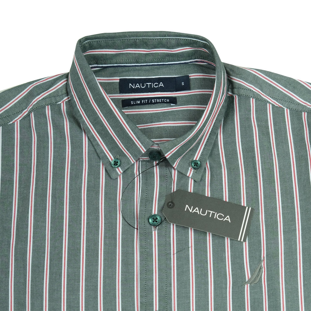 NAUTICA Forest Green Striped Slim Fit Short Sleeve Shirt