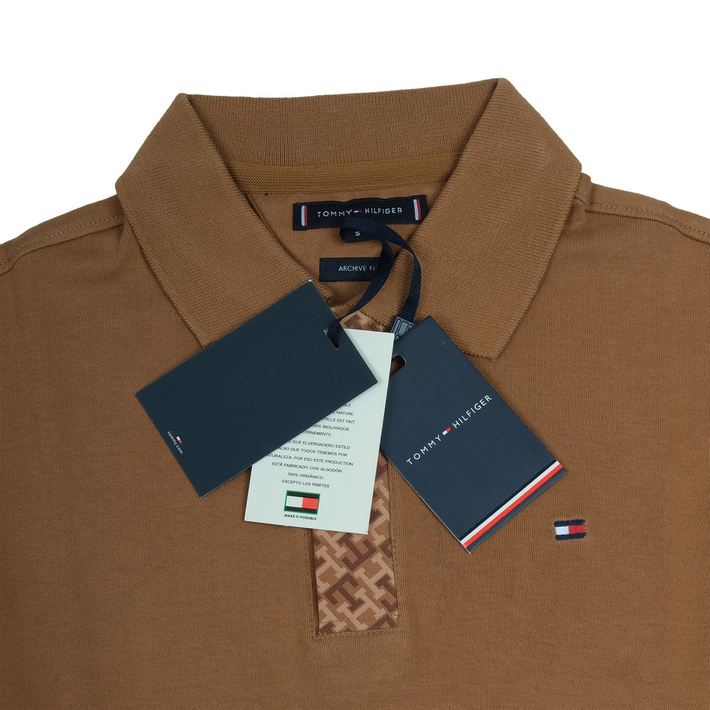 TOMMY HILFIGER Rustic Walnut Classic Fit Polo Shirt with Patterned Placket
