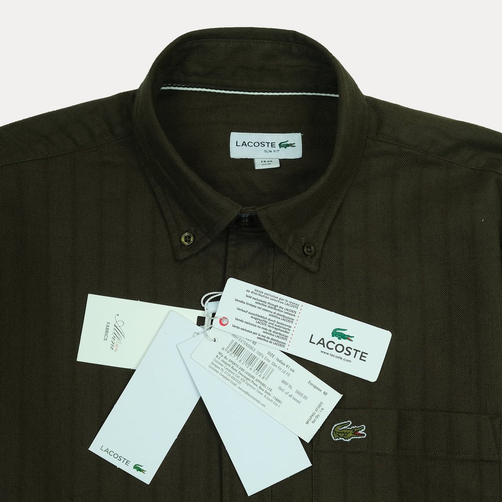 Lacoste Men's Long Sleeve Striped Button-Up Shirt in Olive Green