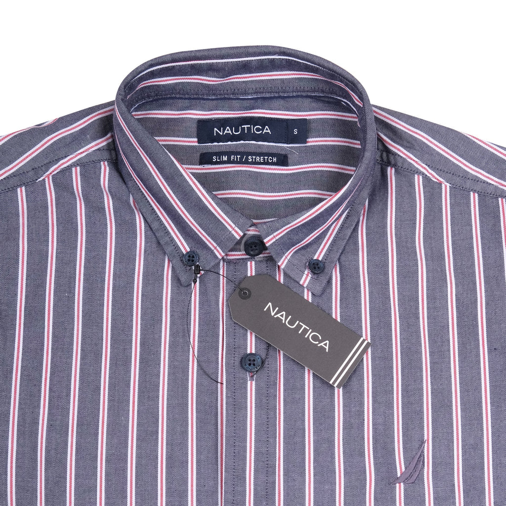 NAUTICA Dusk Blue Slim Fit Stretch Short Sleeve Striped Shirt