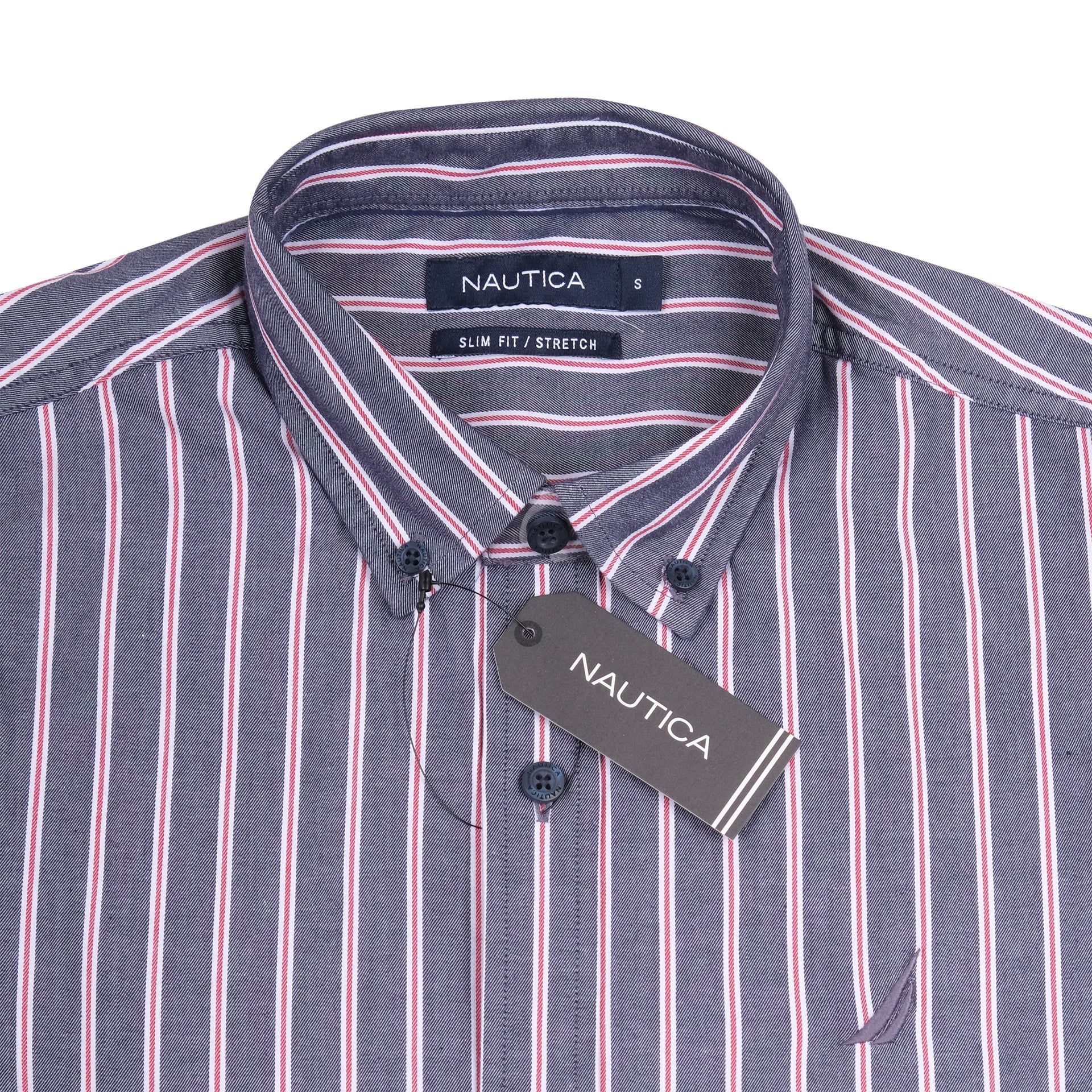 NAUTICA Dusk Blue Slim Fit Stretch Short Sleeve Striped Shirt