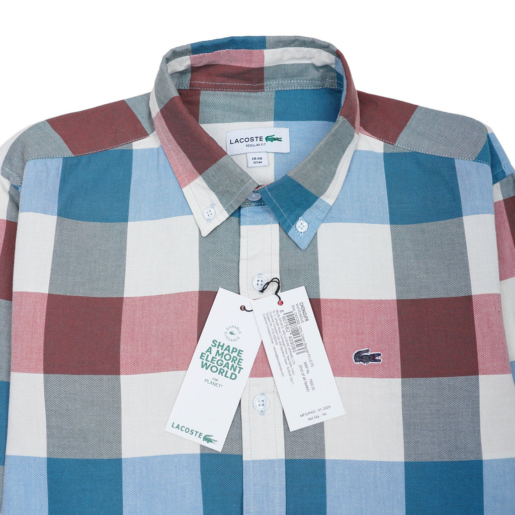 LACOSTE Prismatic Jade Tailored Fit Long Sleeve Checkered Shirt