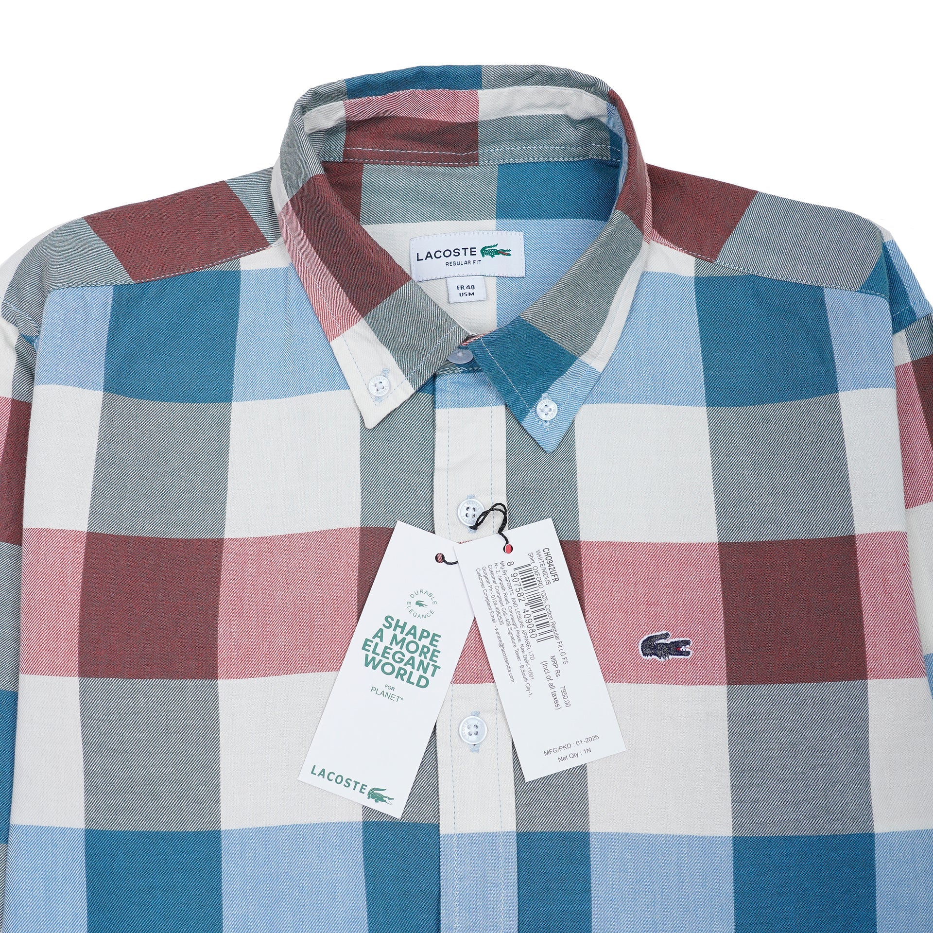 LACOSTE Prismatic Jade Tailored Fit Long Sleeve Checkered Shirt