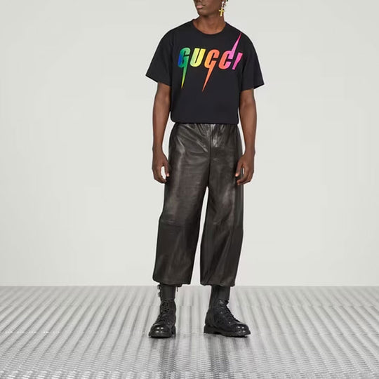 GUCCI Midnight Ink Oversized Short Sleeve Rainbow Lightning Logo Tee