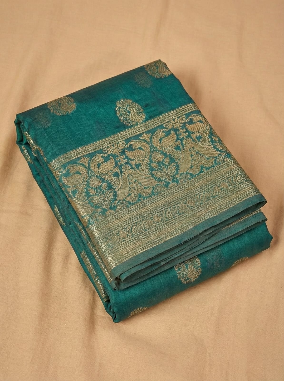 Ethnic Elegance Teal Silk Saree with Gold Zari Work