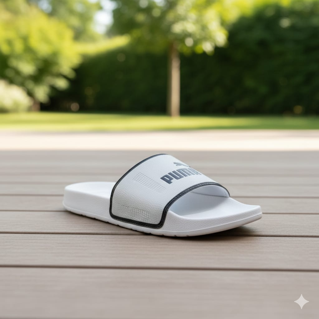 PUMA Slide Sandals in White with Black Trim