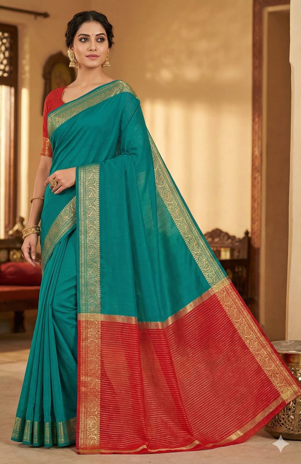 Elegant Weaves Teal and Red Silk Saree with Golden Border