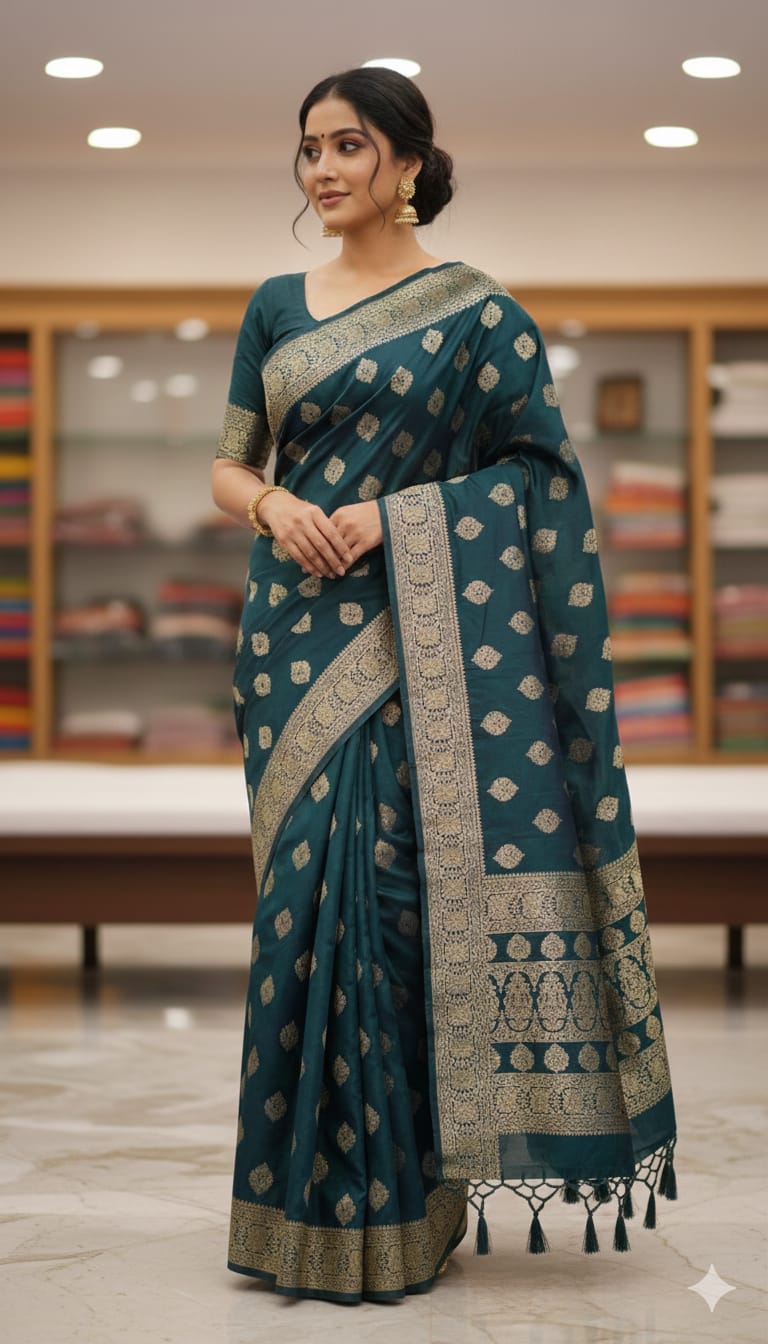 Elegant Weaves Luxe Teal Silk Saree with Gold Motifs