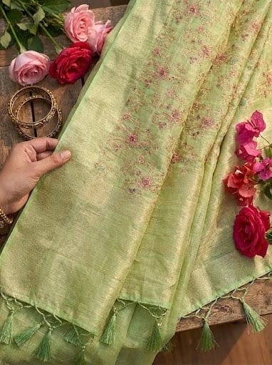 Elegant Drapes Floral Embroidered Green Silk Saree