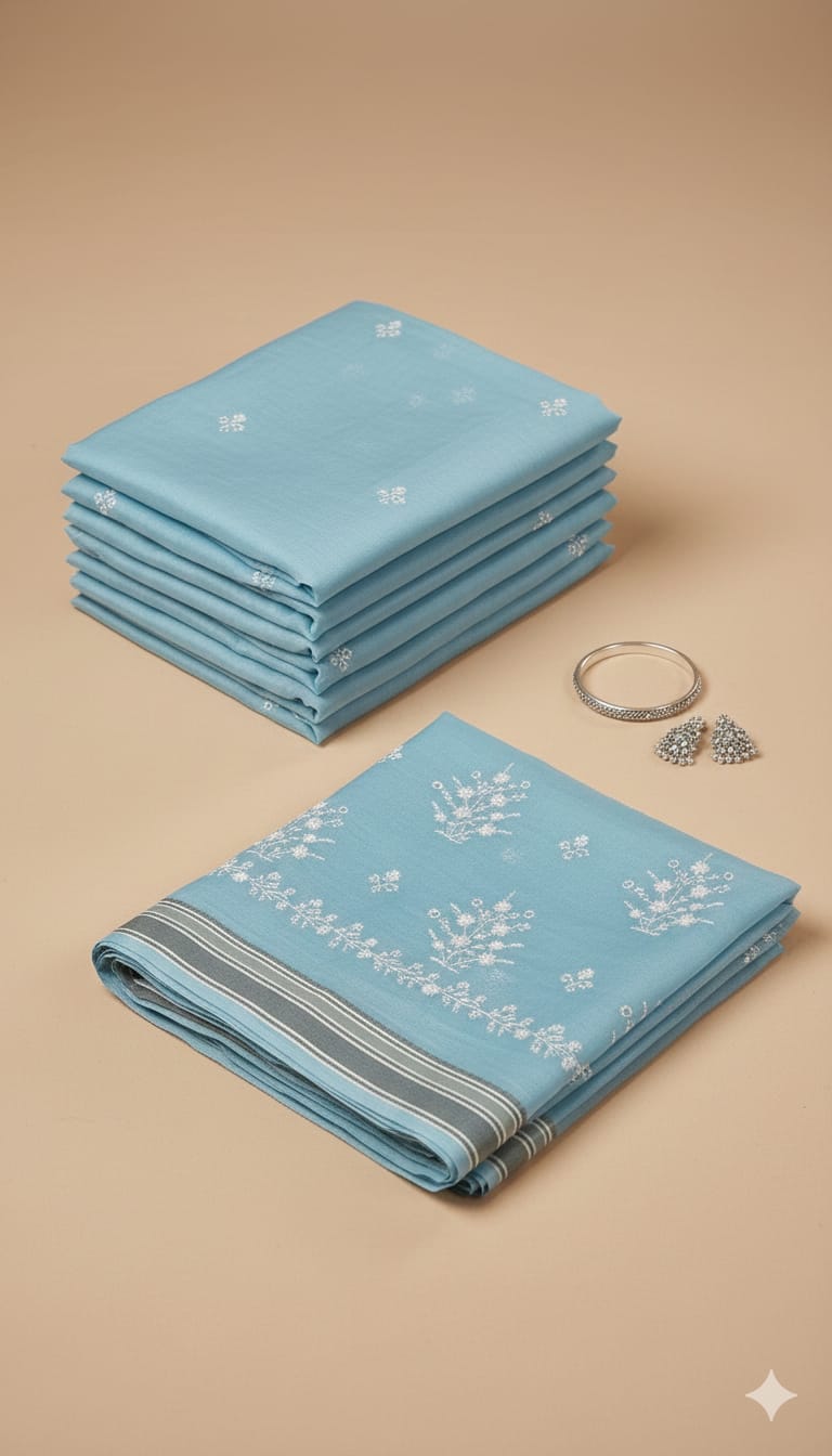 Elegant Threads Embroidered Blue Cotton Sari with Silver Stripes