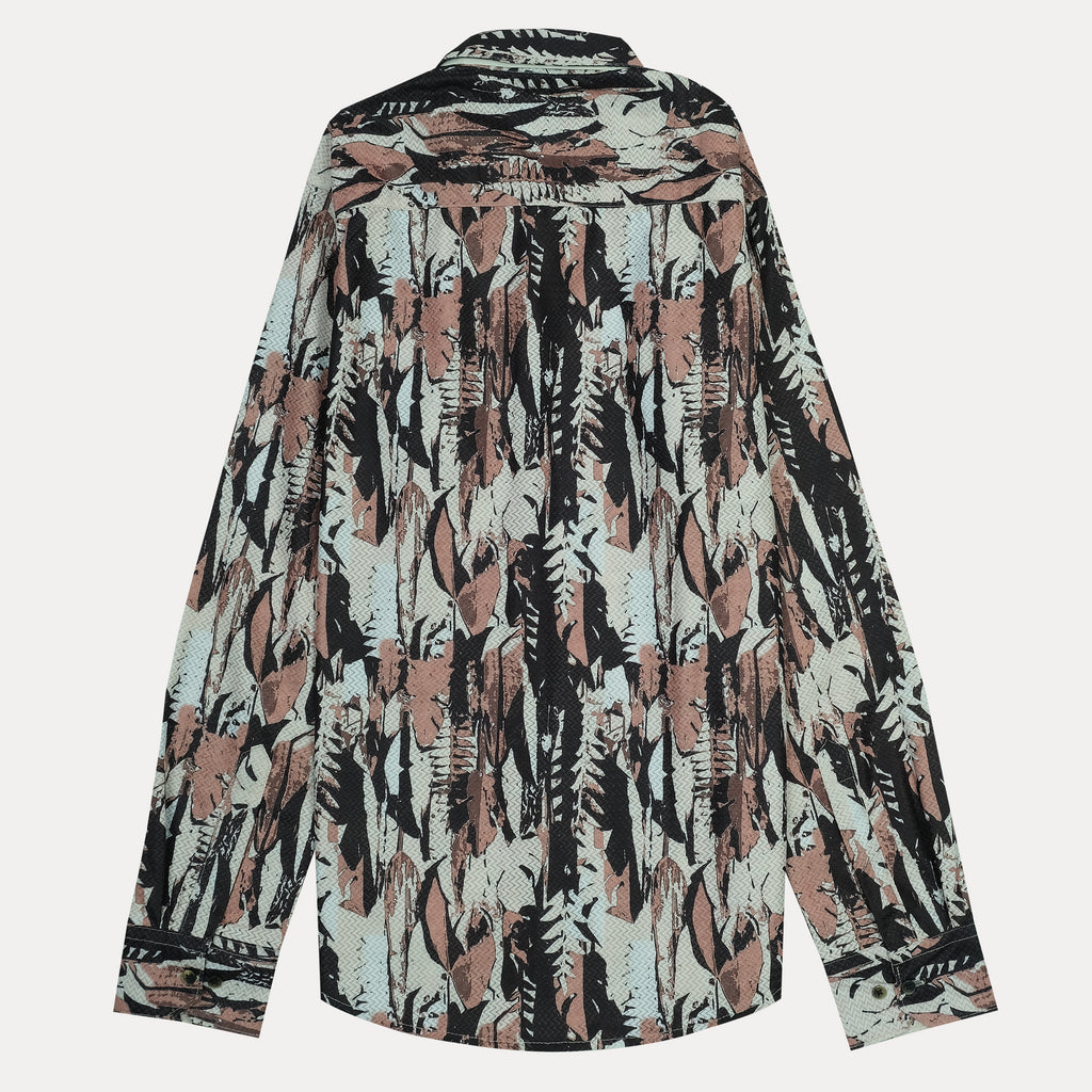 RARE RABBIT Artistic Leafy Print Shirt in Serene Aqua and Earthy Blush