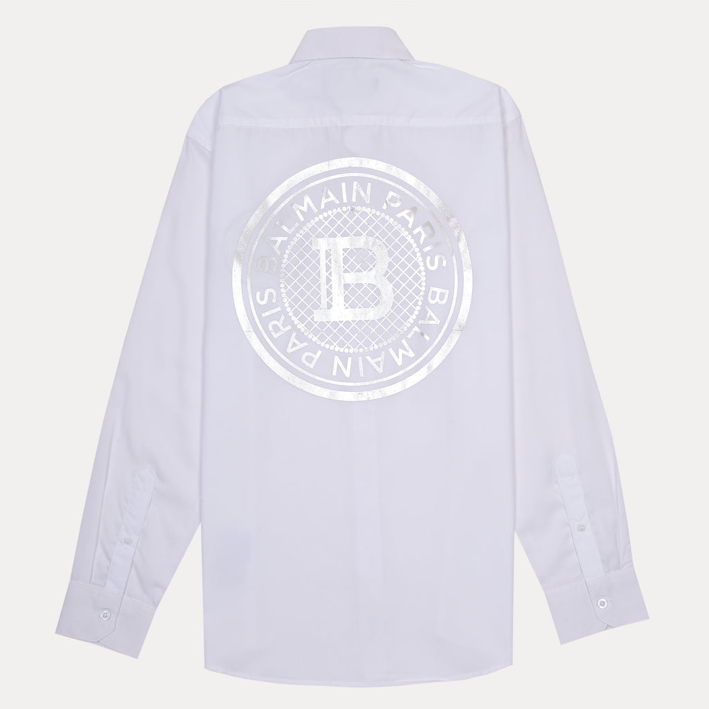 Balmain Elegant Silver Emblem Button-Up Shirt in Pristine White