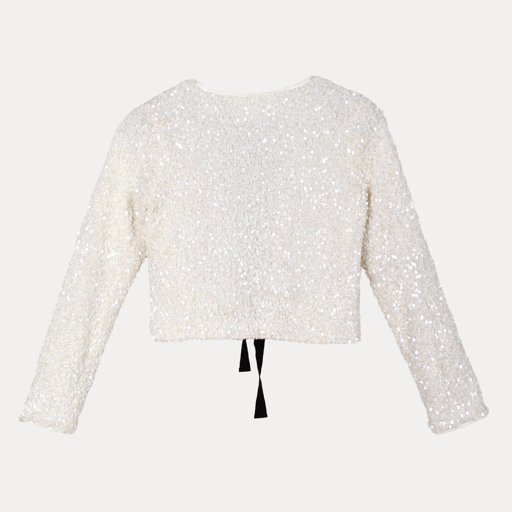 A Loves A Sparkling Cream Sequin Cropped Jacket with Elegant Black Tie