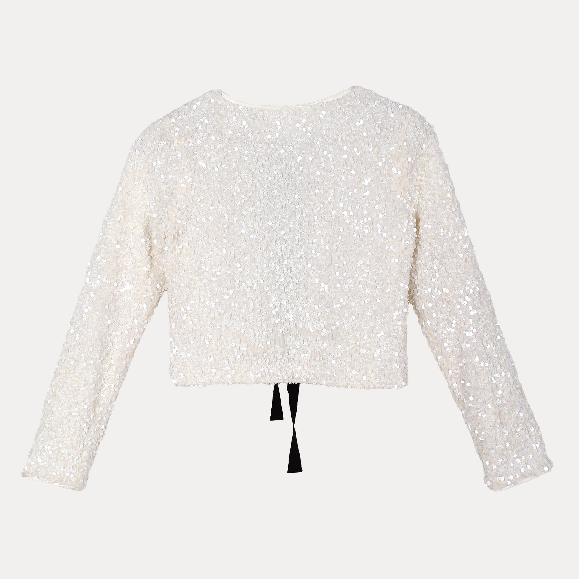 A Loves A Sparkling Cream Sequin Cropped Jacket with Elegant Black Tie