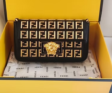 Fendi Monogrammed Leather Shoulder Bag with Gold Chain