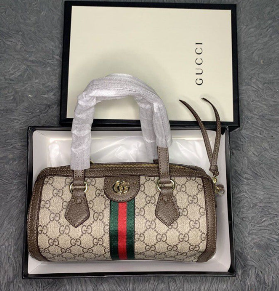 GUCCI GG Monogram Mini Barrel Bag with Web Stripe