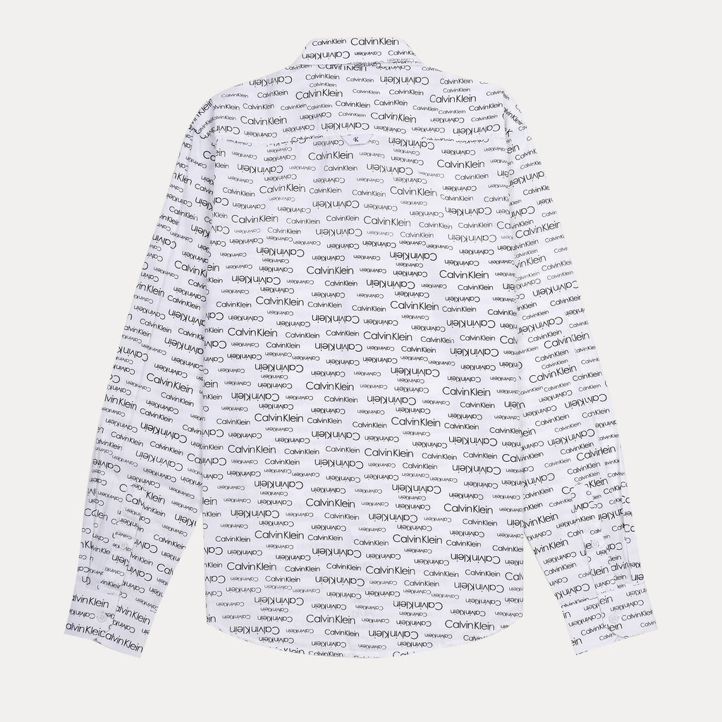 Calvin Klein Whimsical Logo Print Button-Up Shirt in Crisp Cloud White