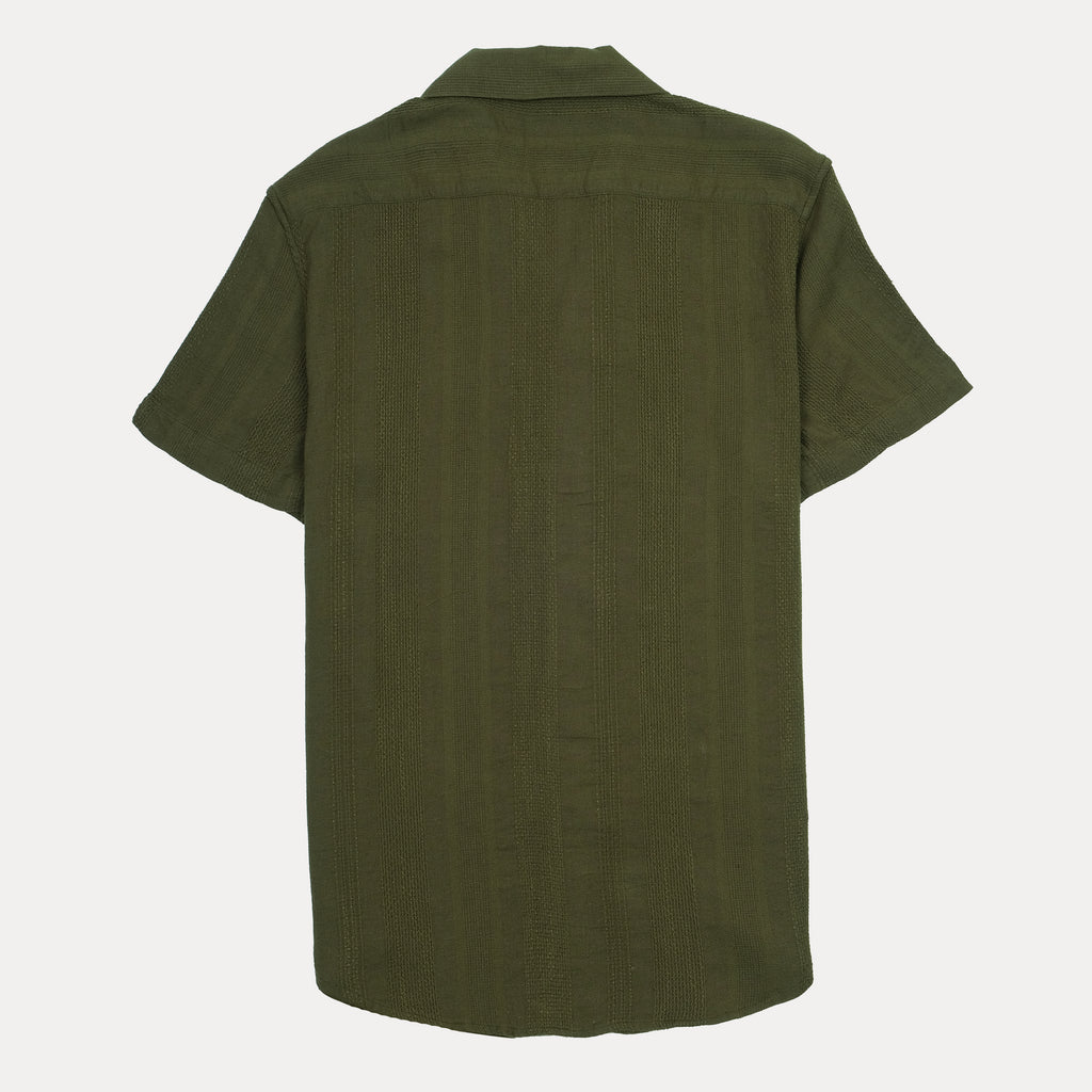 HUGO Slim Fit Textured Linen Olive Green Short Sleeve Shirt