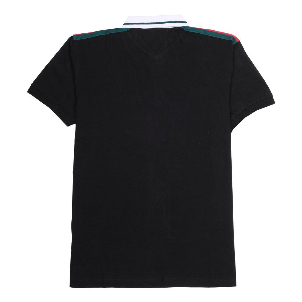 GUCCI Midnight Noir Slim Fit Polo Shirt with Crimson and Emerald Stripes
