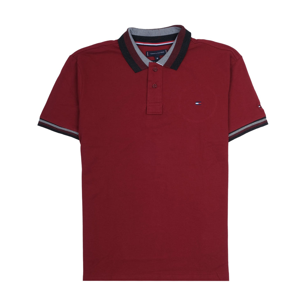 TOMMY HILFIGER Crimson Red Classic Fit Polo Shirt with Striped Collar