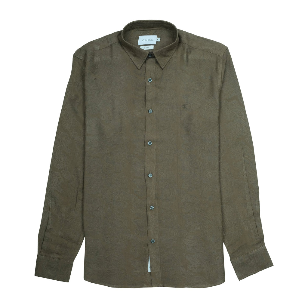 CALVIN KLEIN Earthy Olive Textured Slim Fit Long Sleeve Shirt