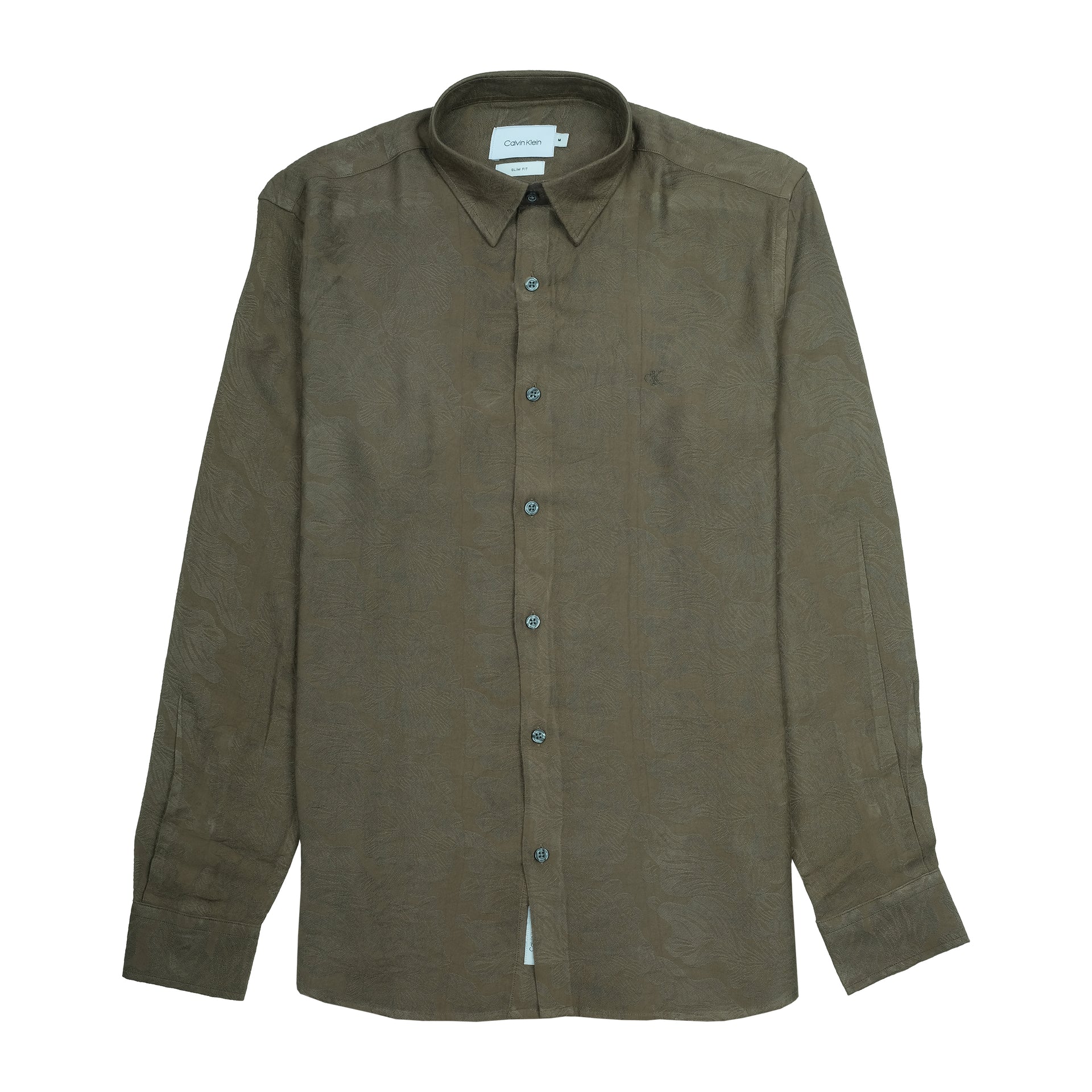 CALVIN KLEIN Earthy Olive Textured Slim Fit Long Sleeve Shirt