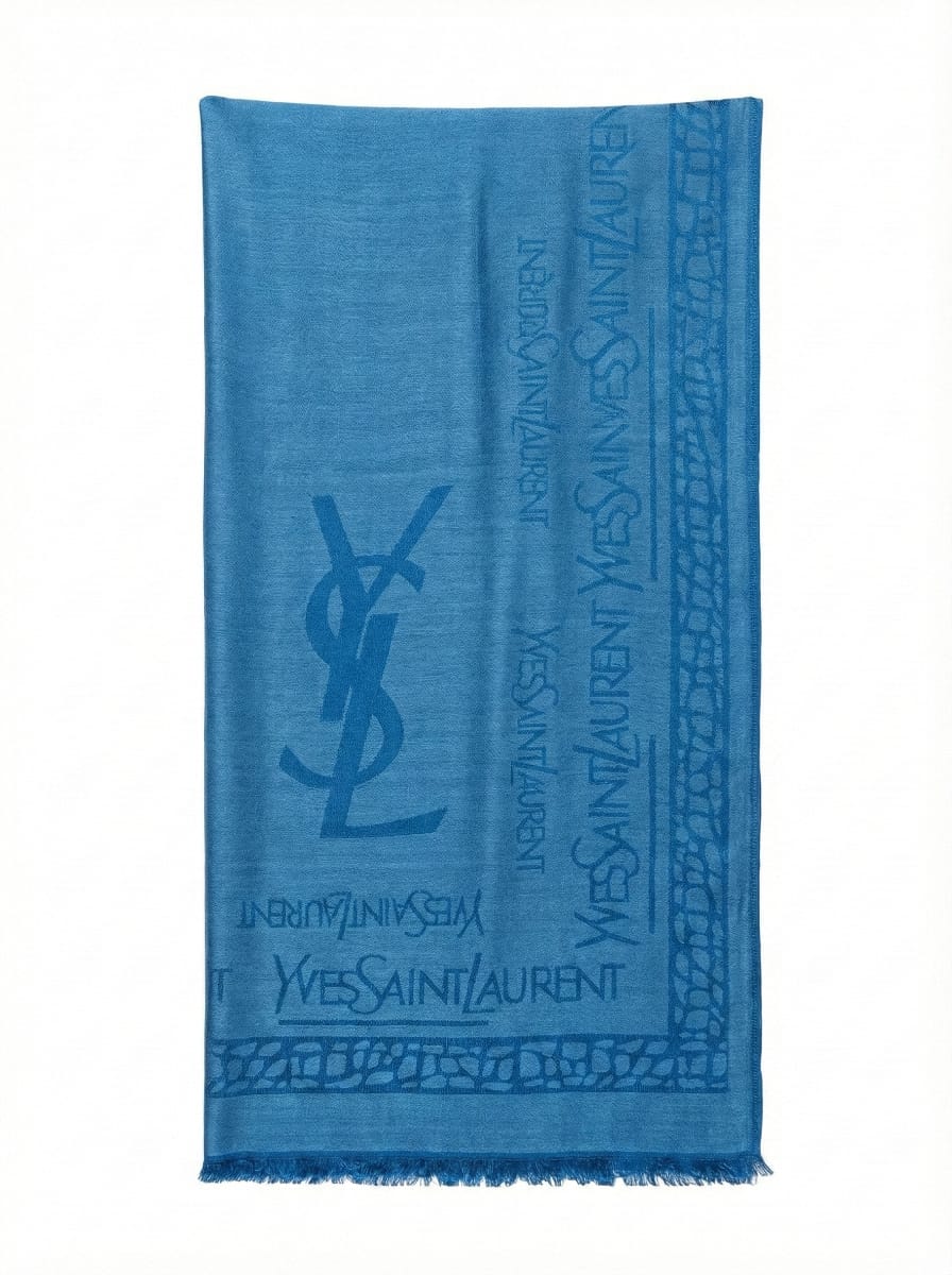 Yves Saint Laurent Monogrammed Blue Cashmere Scarf