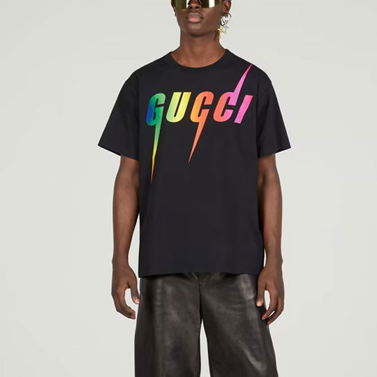 GUCCI Midnight Ink Oversized Short Sleeve Rainbow Lightning Logo Tee