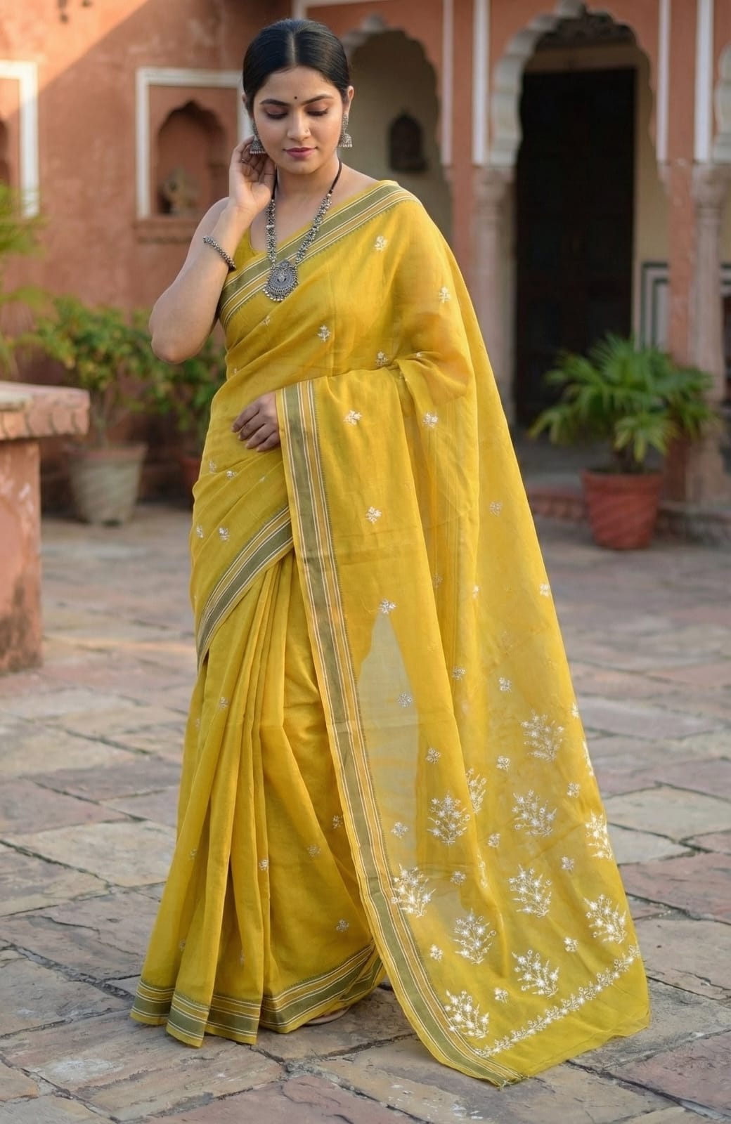 Ethnic Elegance Handcrafted Yellow Cotton Saree with Silver Embroidery