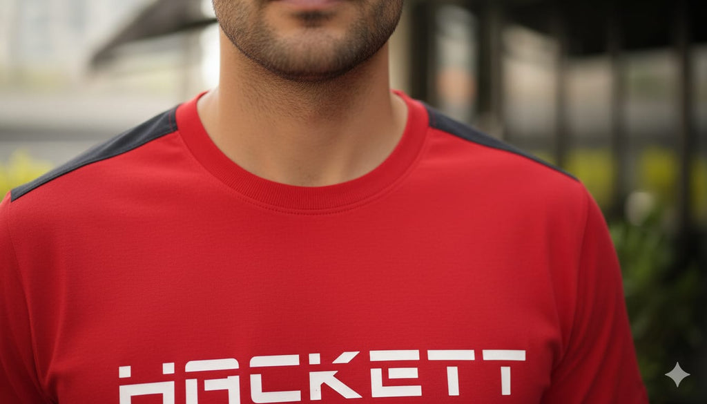 HACKETT Men's Performance Red Tee with Contrast Shoulder Panels