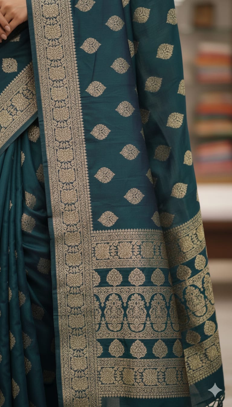 Elegant Weaves Luxe Teal Silk Saree with Gold Motifs