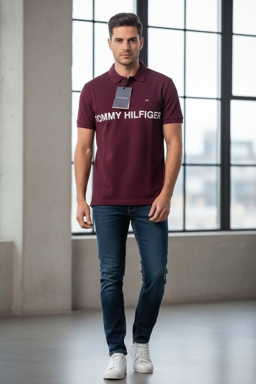TOMMY HILFIGER Men's Classic Fit Logo Polo Shirt in Burgundy