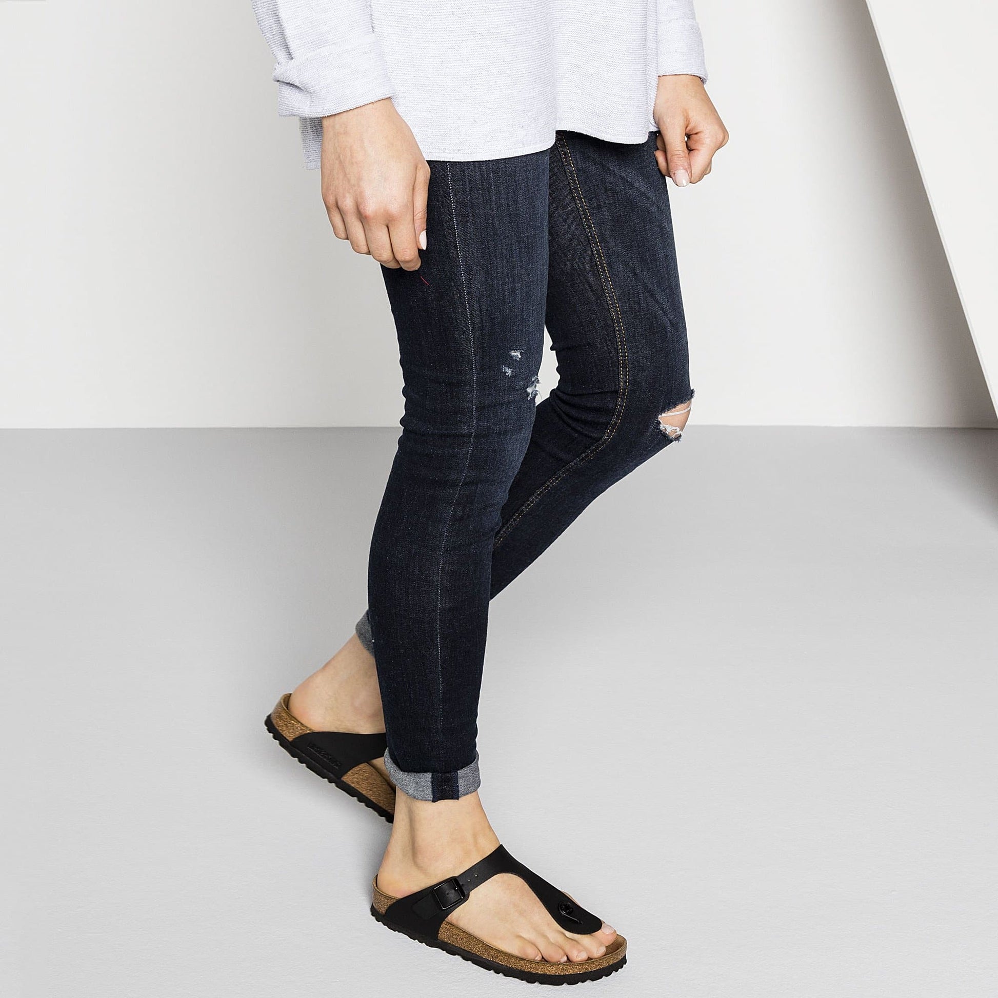 Birkenstock Elegant Black Leather Flip-Flops with Cork Footbed