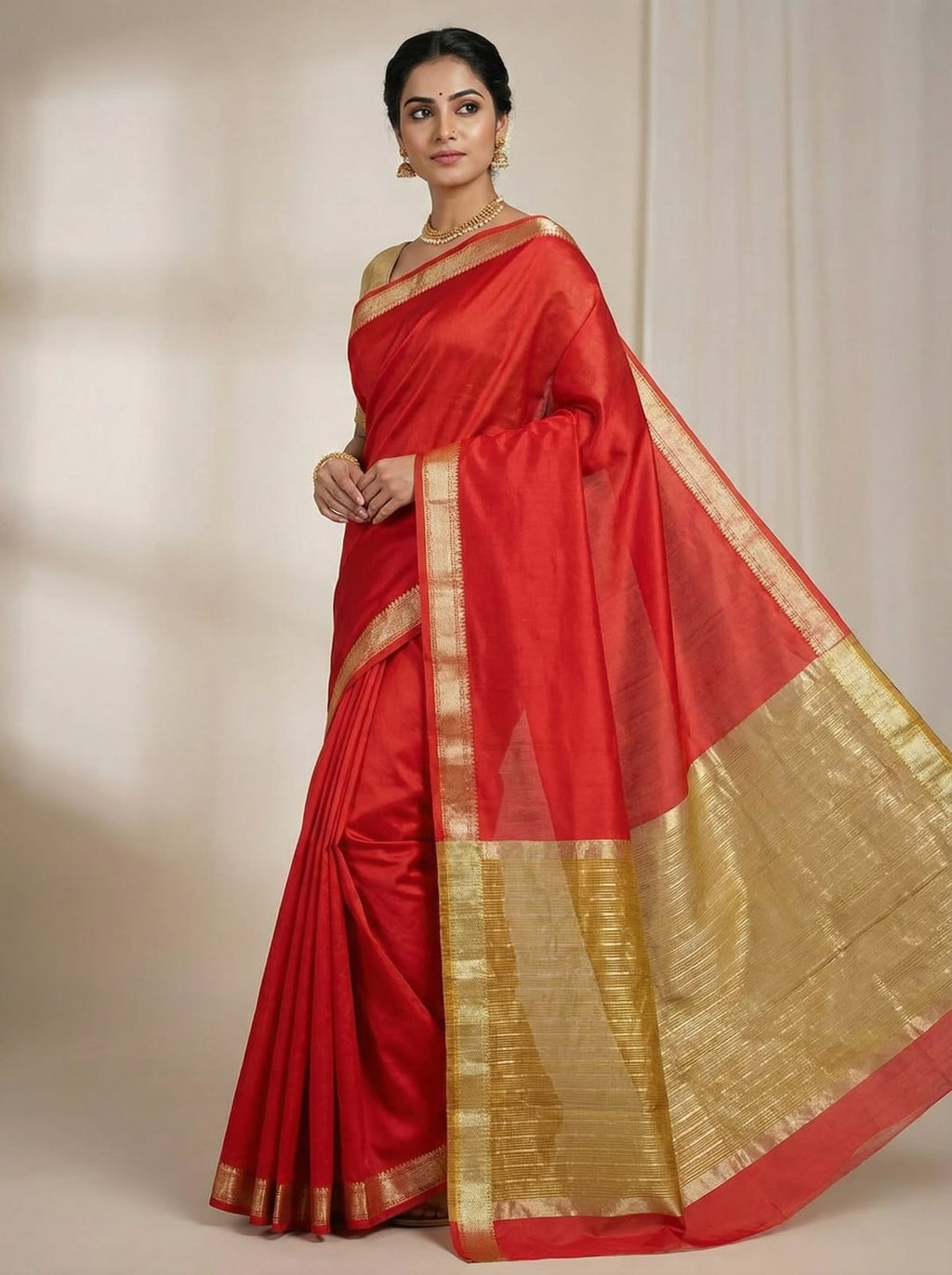 ELEGANT WEAVES Ember Glow Silk Saree with Luminous Gold Trim