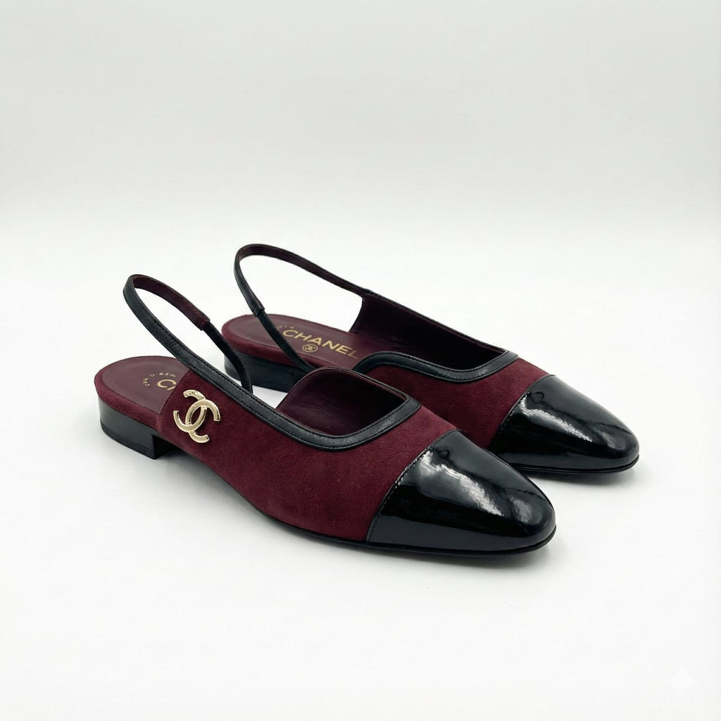 CHANEL Classic Slingback Flats in Burgundy Suede and Patent Leather