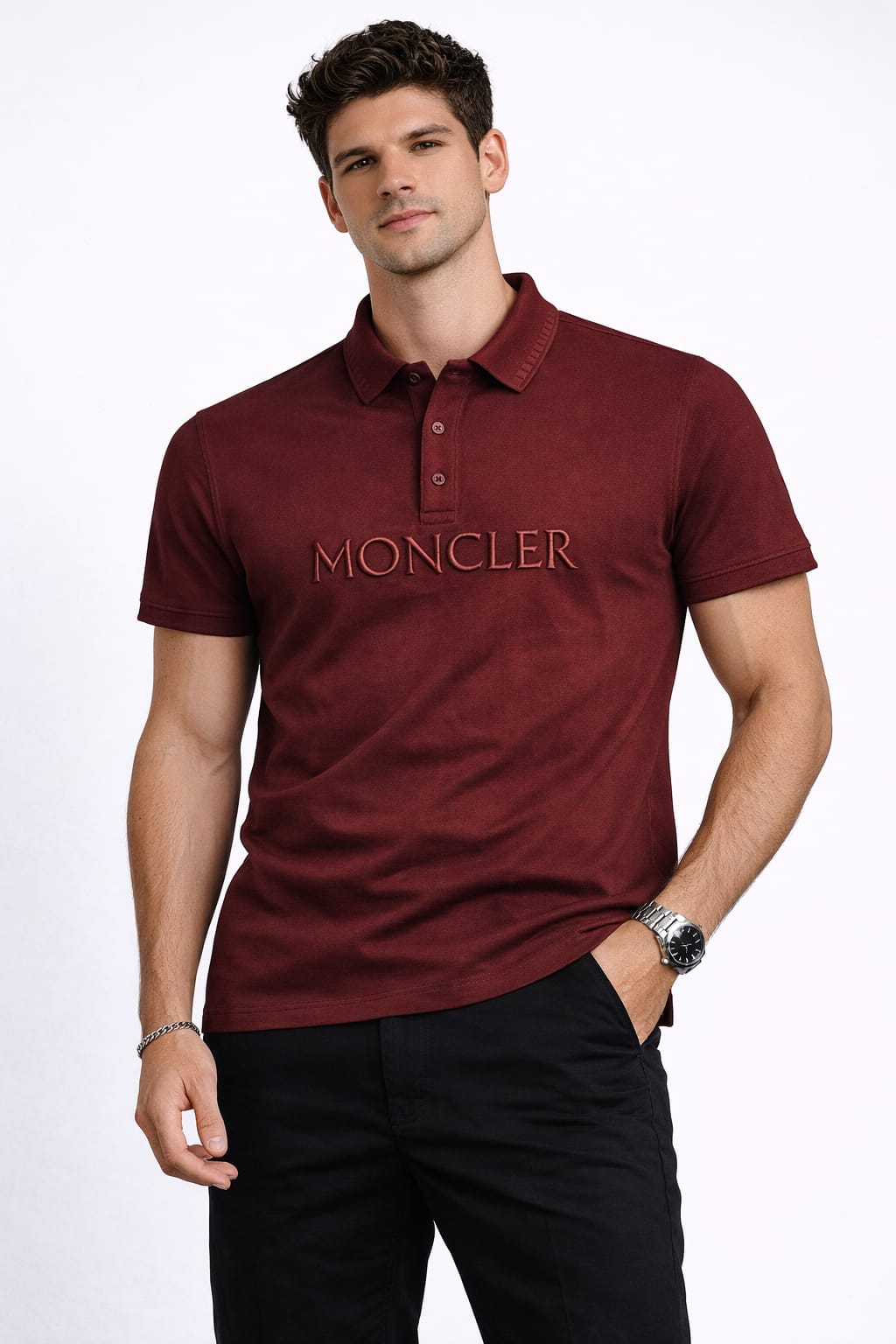 MONCLER Ember Garnet Tailored Fit Short Sleeve Piqué Polo Shirt