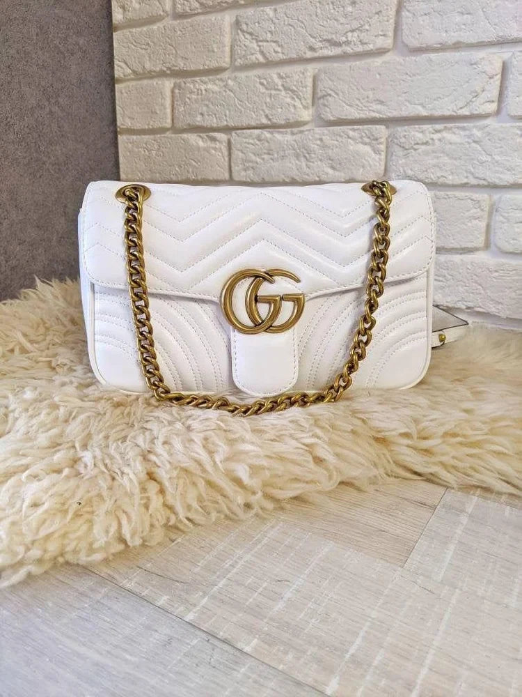 GUCCI Quilted Leather White Shoulder Bag with Gold Chain
