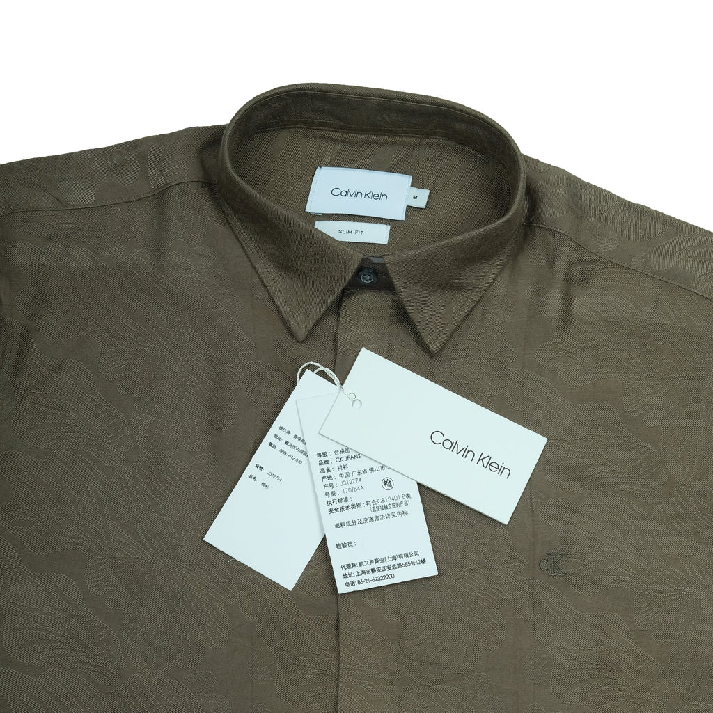 CALVIN KLEIN Earthy Olive Textured Slim Fit Long Sleeve Shirt