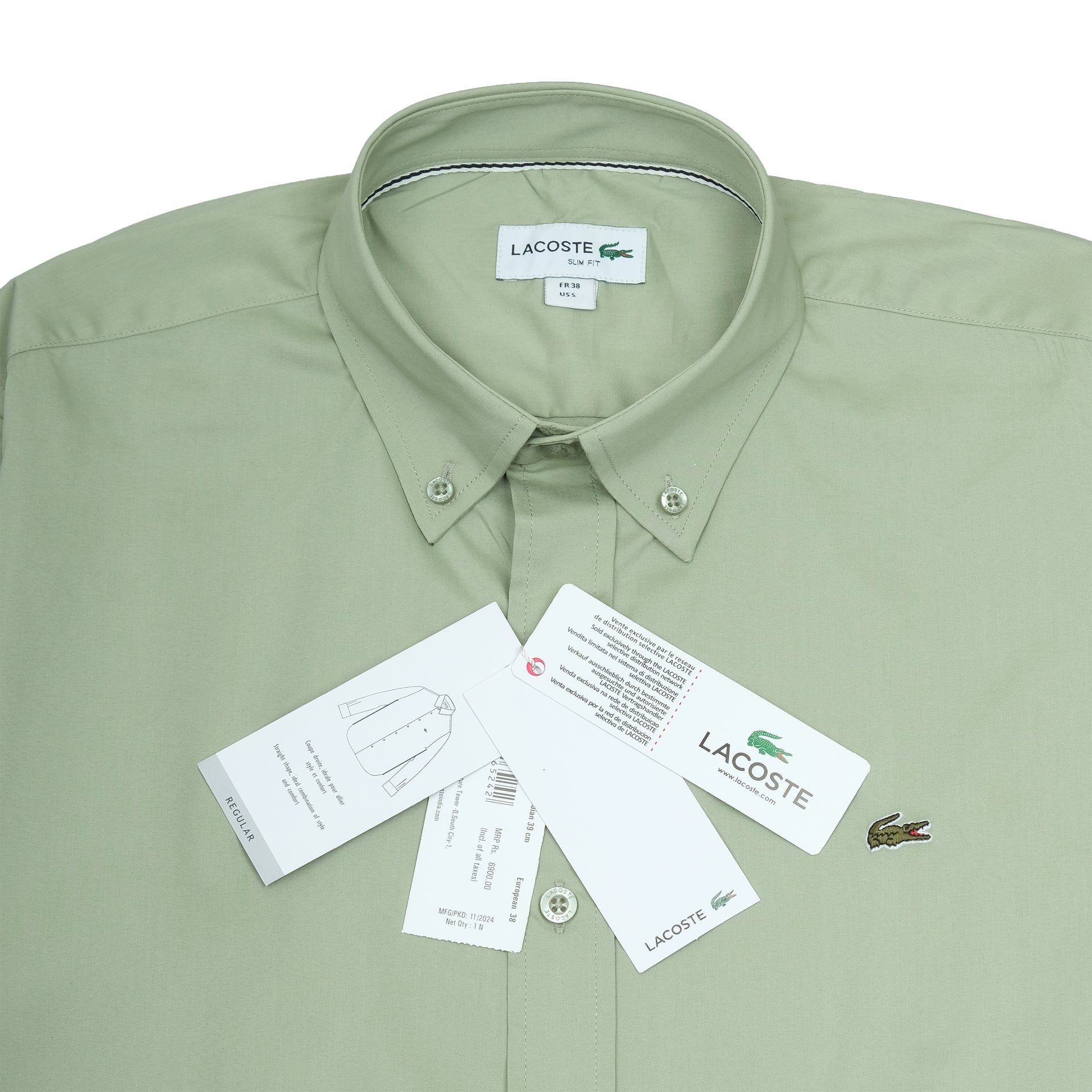 LACOSTE Sage Green Classic Fit Long Sleeve Button-Up Shirt
