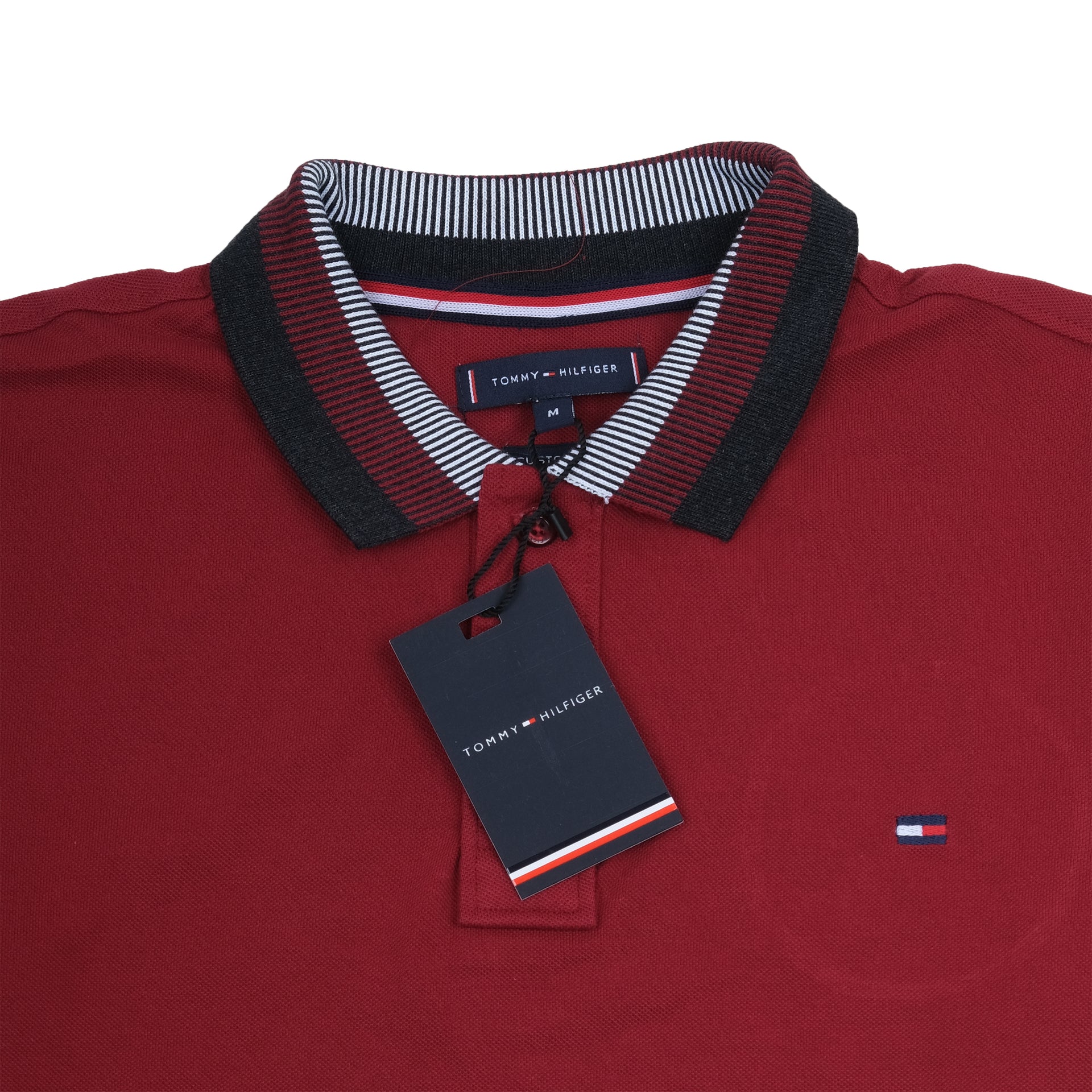 TOMMY HILFIGER Crimson Red Classic Fit Polo Shirt with Striped Collar