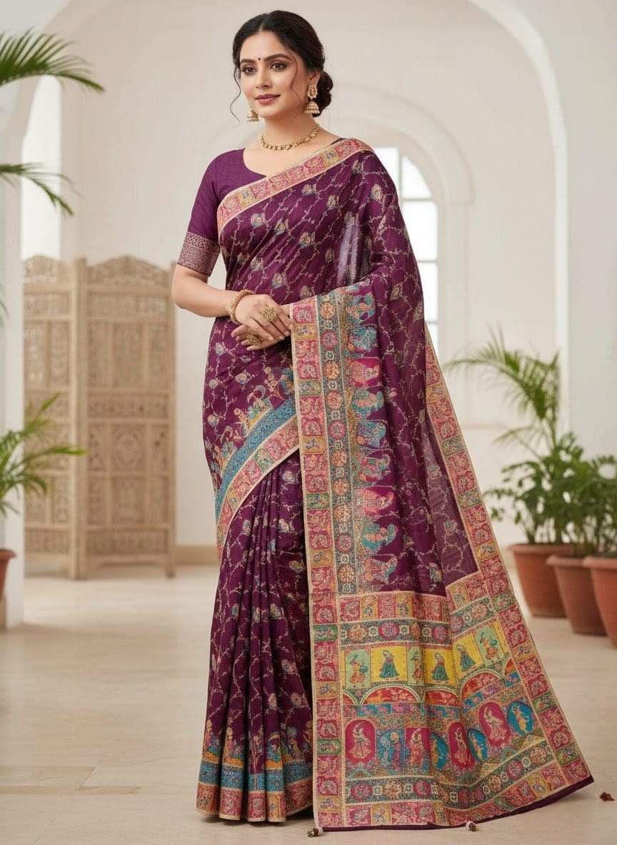 Ethnic Elegance Regal Purple Silk Saree with Intricate Border