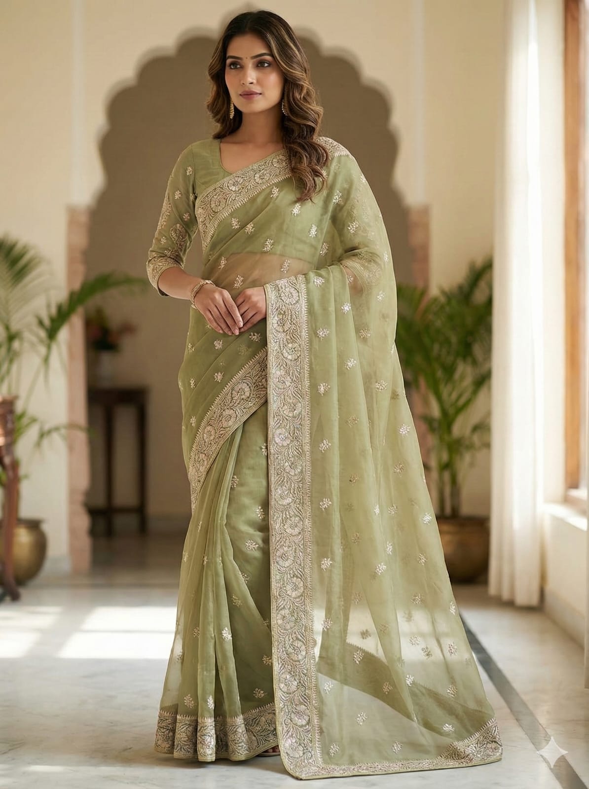Elegant Attire Embroidered Chiffon Saree in Sage Green