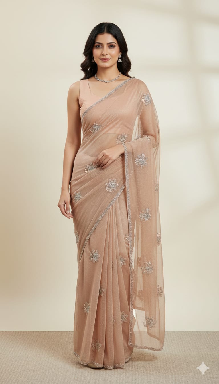 Elegant Attire Embroidered Peach Saree with Shimmer
